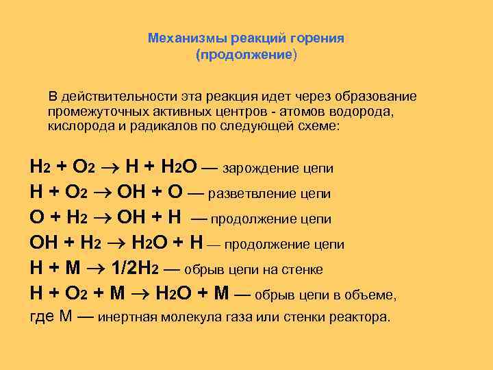 Механизм реакции горения. К реакциям горения относится. Уравнение реакции горения водорода.