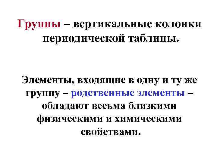 Группы – вертикальные колонки периодической таблицы. Элементы, входящие в одну и ту же группу