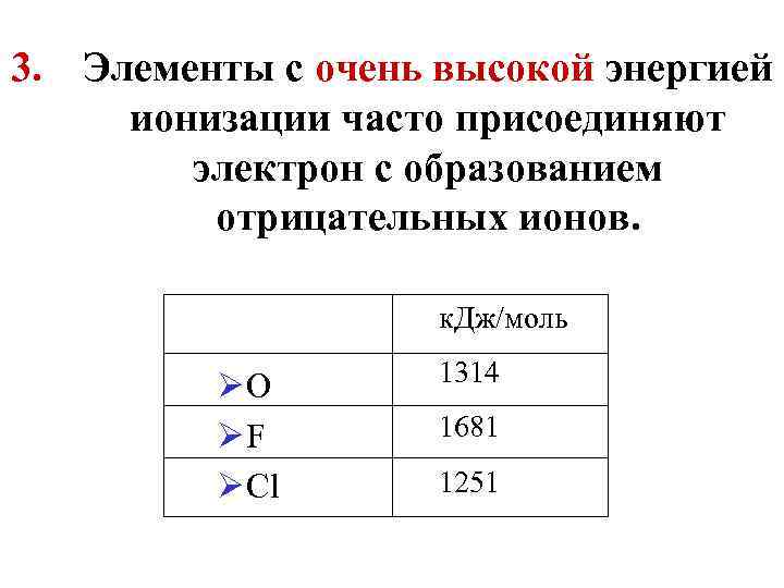 3. Элементы с очень высокой энергией ионизации часто присоединяют электрон с образованием отрицательных ионов.