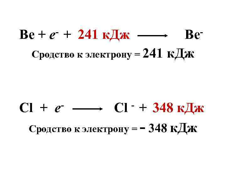 Be + 241 к. Дж Be Сродство к электрону = 241 к. Дж Cl