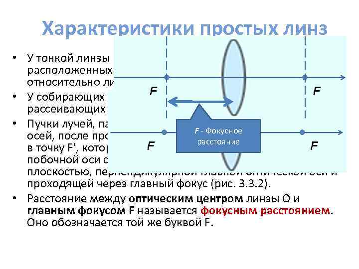 Характеристики простых линз • У тонкой линзы имеются два главных фокуса, расположенных симметрично на
