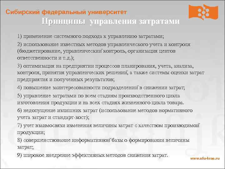 Сибирский федеральный университет Принципы управления затратами 1) применение системного подхода к управлению затратами; 2)