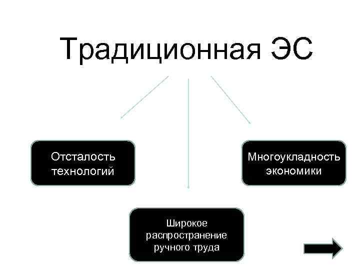 Традиционная ЭС Отсталость технологий Многоукладность экономики Широкое распространение ручного труда 