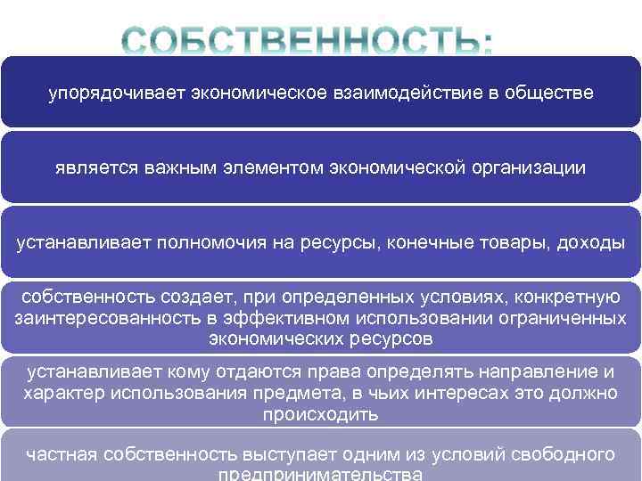 упорядочивает экономическое взаимодействие в обществе является важным элементом экономической организации устанавливает полномочия на ресурсы,