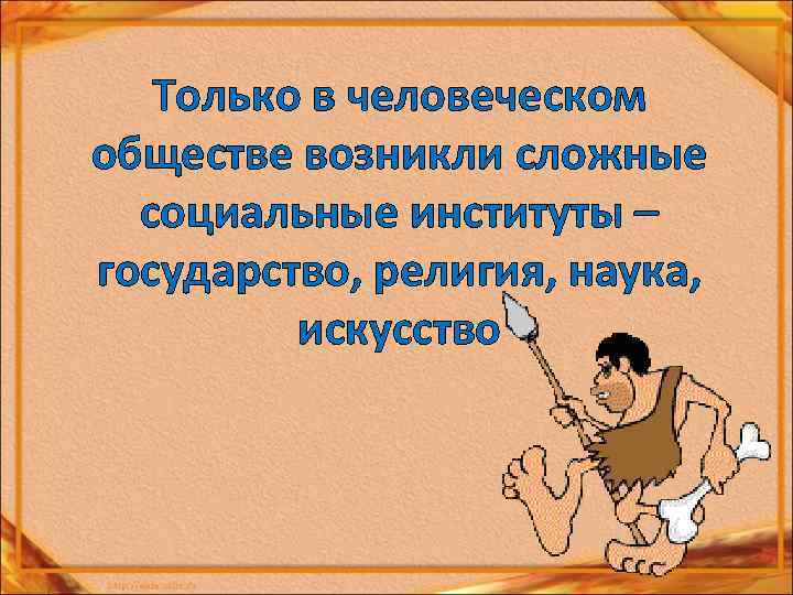 Только в человеческом обществе возникли сложные социальные институты – государство, религия, наука, искусство 