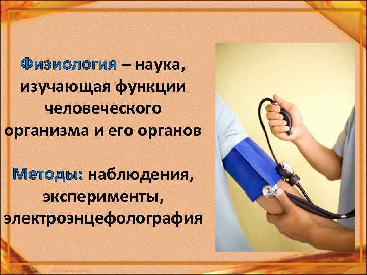 Физиология – наука, изучающая функции человеческого организма и его органов Методы: наблюдения, эксперименты, электроэнцефолография