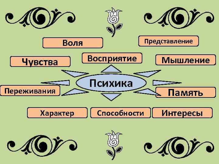 Представление Воля Чувства Переживания Характер Восприятие Психика Способности Мышление Память Интересы 
