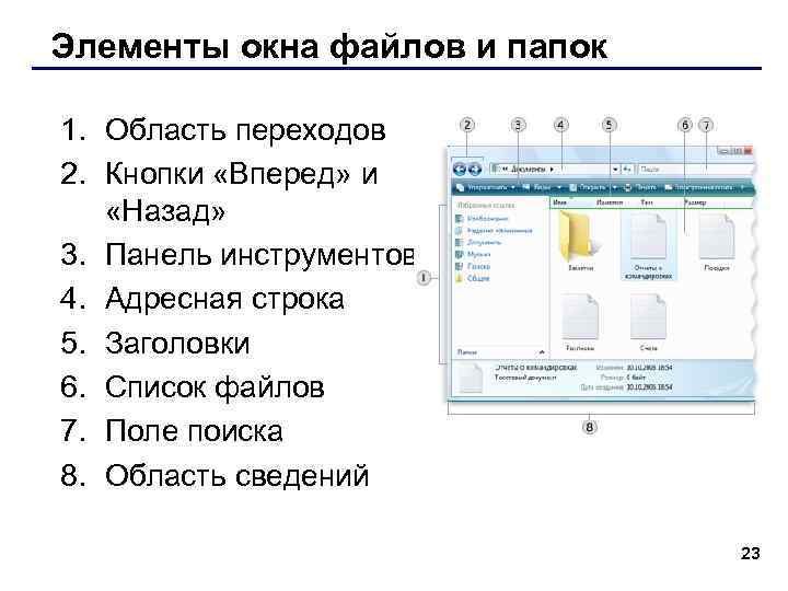 Элементы окна файлов и папок 1. Область переходов 2. Кнопки «Вперед» и «Назад» 3.