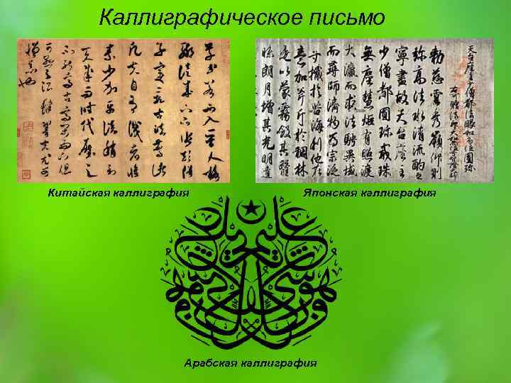 Каллиграфическое письмо Китайская каллиграфия Японская каллиграфия Арабская каллиграфия 
