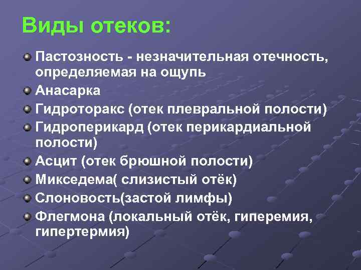 Виды отеков: Пастозность - незначительная отечность, определяемая на ощупь Анасарка Гидроторакс (отек плевральной полости)