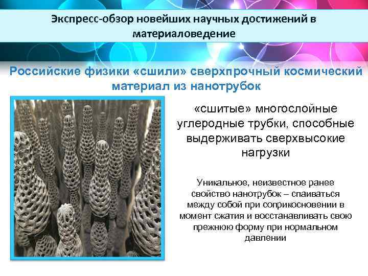 Экспресс-обзор новейших научных достижений в материаловедение Российские физики «сшили» сверхпрочный космический материал из нанотрубок