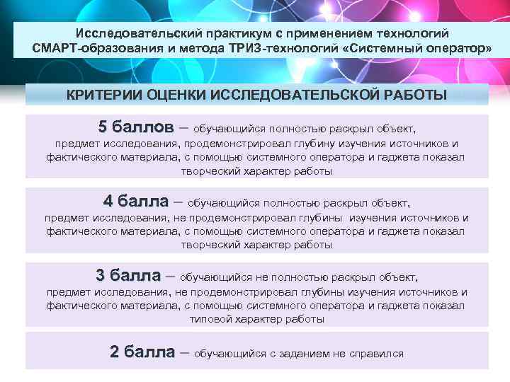 Исследовательский практикум с применением технологий СМАРТ-образования и метода ТРИЗ-технологий «Системный оператор» КРИТЕРИИ ОЦЕНКИ ИССЛЕДОВАТЕЛЬСКОЙ
