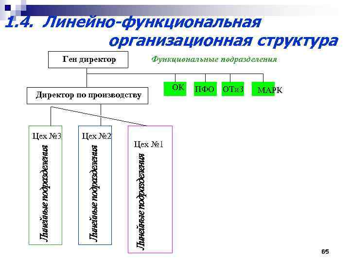 1. 4. Линейно-функциональная организационная структура Ген директор Функциональные подразделения Директор по производству Цех №