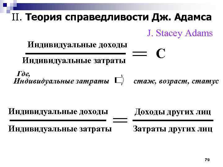 II. Теория справедливости Дж. Адамса J. Stacey Adams Индивидуальные доходы Индивидуальные затраты С Где,