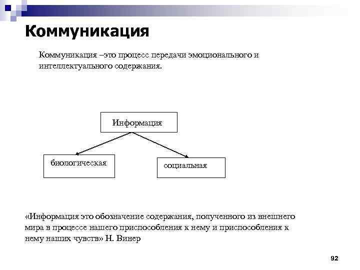 Коммуникация –это процесс передачи эмоционального и интеллектуального содержания. Информация биологическая социальная «Информация это обозначение