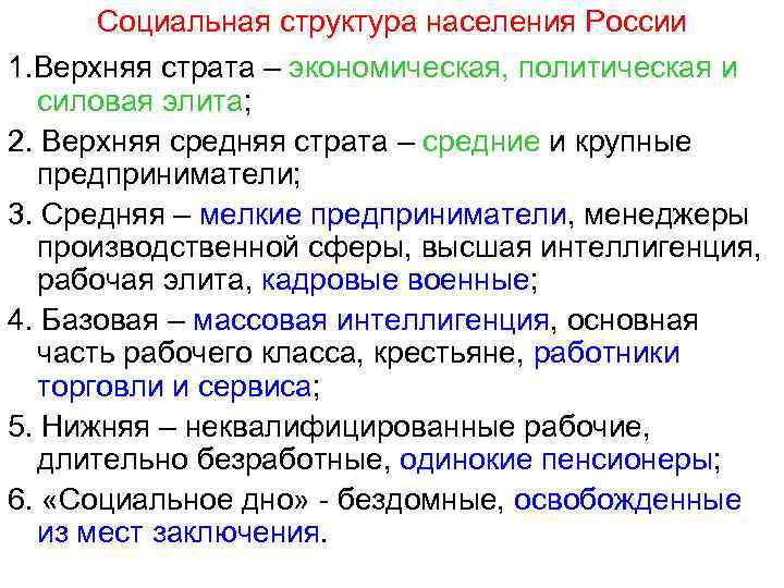 Социальная структура населения России 1. Верхняя страта – экономическая, политическая и силовая элита; 2.