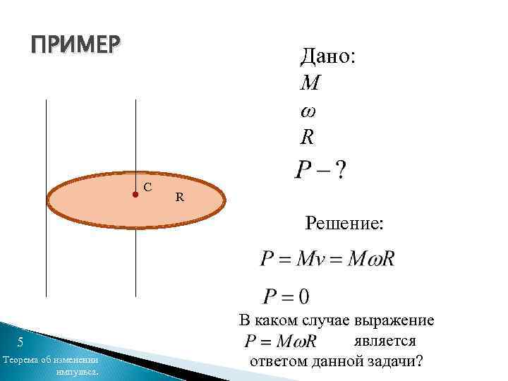ПРИМЕР Дано: M ω R С R Решение: 5 Теорема об изменении импульса. В