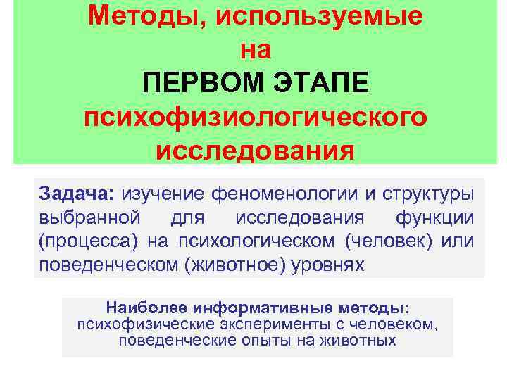 Методы, используемые на ПЕРВОМ ЭТАПЕ психофизиологического исследования Задача: изучение феноменологии и структуры выбранной для