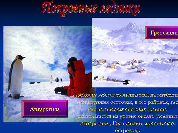 Гренландия Антарктида Покровные ледники размещаются на материка или крупных островах, в тех районах, где