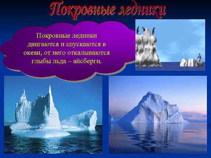 Покровные ледники двигаются и спускаются в океан, от него откалываются глыбы льда – айсберги.