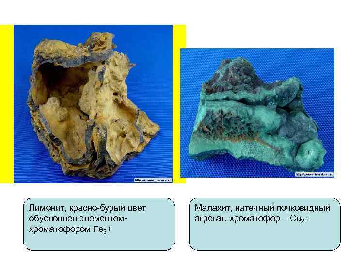 Лимонит, красно-бурый цвет обусловлен элементомхроматофором Fe 3+ Малахит, натечный почковидный агрегат, хроматофор – Cu