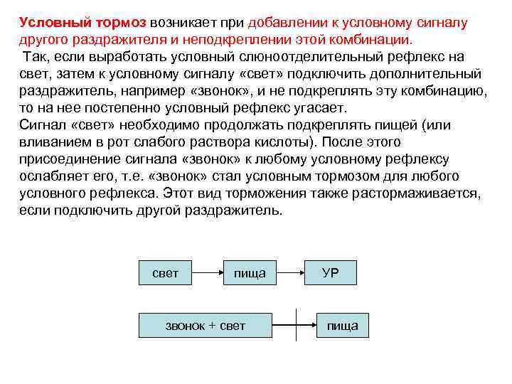 Условный тормоз возникает при добавлении к условному сигналу другого раздражителя и неподкреплении этой комбинации.