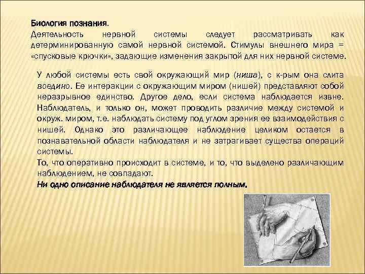 Биология познания. Деятельность нервной системы следует рассматривать как детерминированную самой нервной системой. Стимулы внешнего