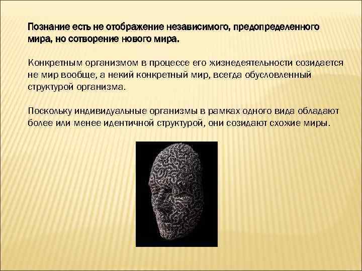 Познание есть не отображение независимого, предопределенного мира, но сотворение нового мира. Конкретным организмом в