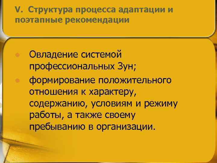 V. Структура процесса адаптации и поэтапные рекомендации l l Овладение системой профессиональных Зун; формирование