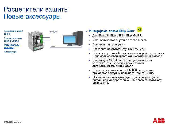 Расцепители защиты Новые аксессуары Концепция новой серии § Интерфейс связи Ekip Com: © ABB