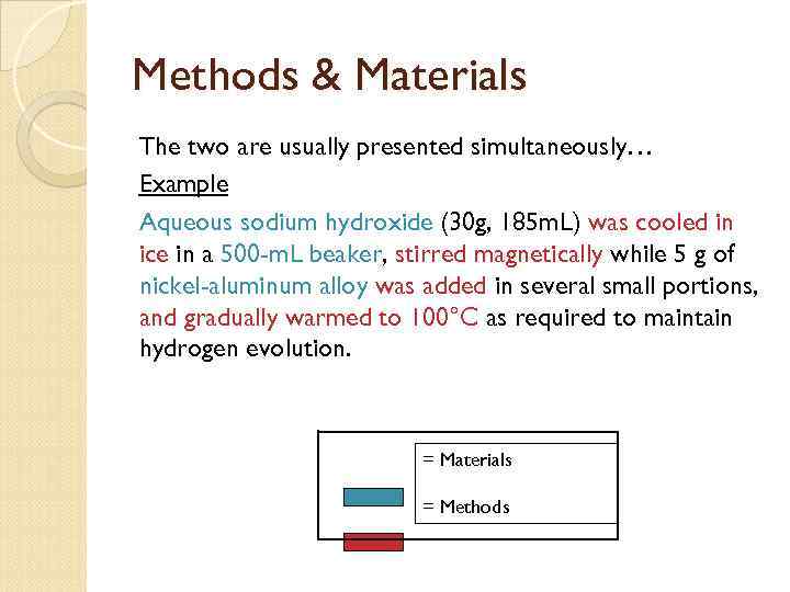 Methods & Materials The two are usually presented simultaneously… Example Aqueous sodium hydroxide (30