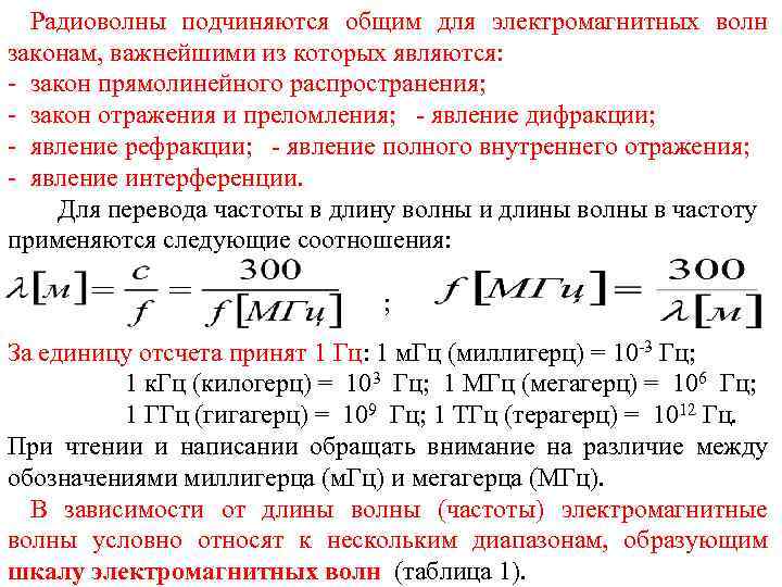 Радиоволны подчиняются общим для электромагнитных волн законам, важнейшими из которых являются: закон прямолинейного распространения;