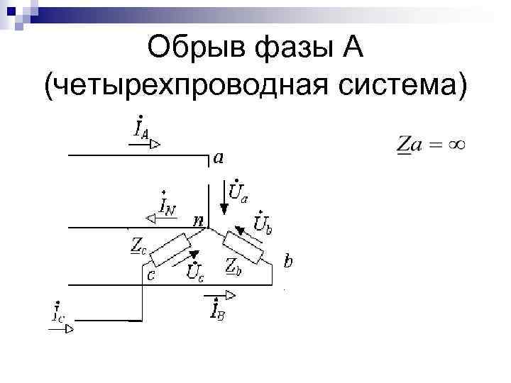 Обрыв фазы при симметричной нагрузке в схеме без нулевого провода