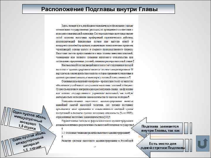 Расположение Подглавы внутри Главы Один пусто йа межд устро бзац, интер чный в 1,