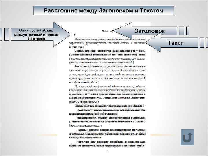 Расстояние между Заголовком и Текстом Один пустой абзац, междустрочный интервал 1, 5 строки Заголовок