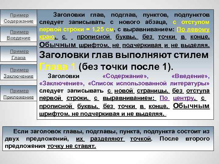 Пример Содержание Пример Введение Пример Глава Пример Заключение Пример Приложение Заголовки глав, подглав, пунктов,