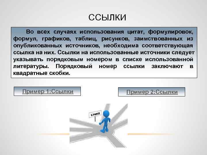 ССЫЛКИ Во всех случаях использования цитат, формулировок, формул, графиков, таблиц, рисунков, заимствованных из опубликованных