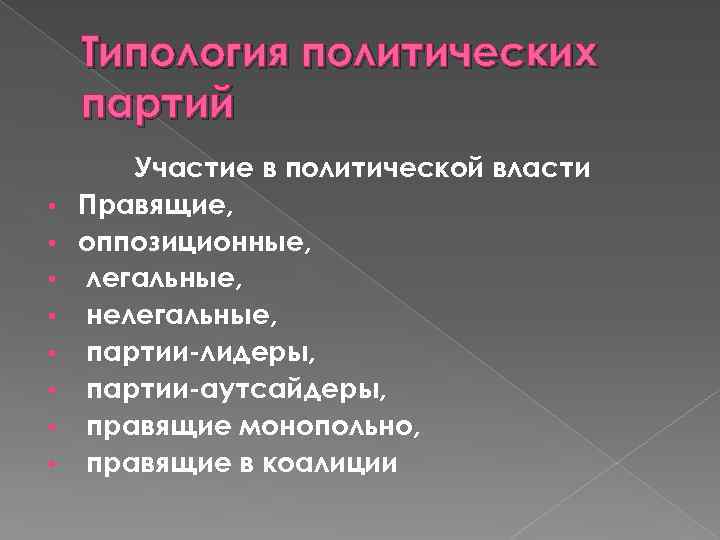 Типология политических партий • • Участие в политической власти Правящие, оппозиционные, легальные, нелегальные, партии-лидеры,