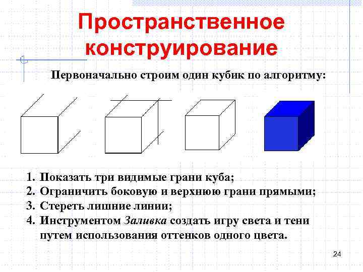 Пространственное конструирование Первоначально строим один кубик по алгоритму: 1. 2. 3. 4. Показать три