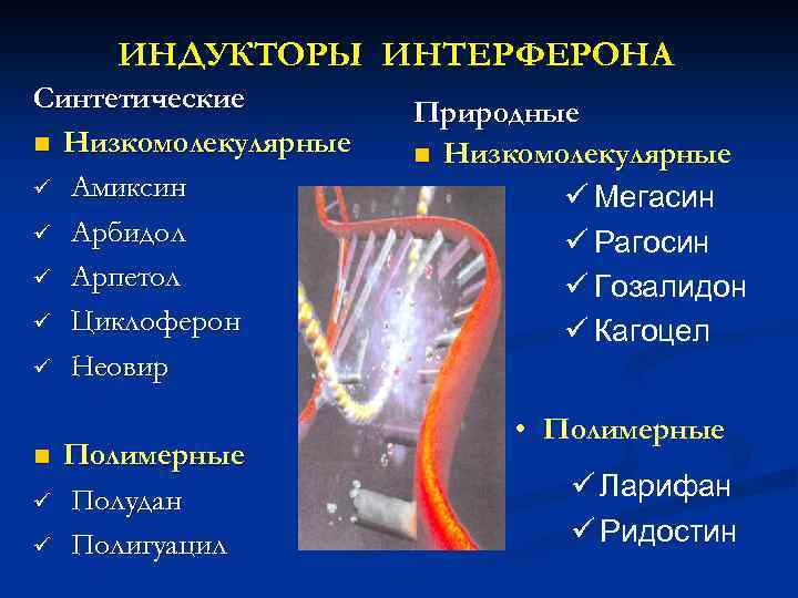 ИНДУКТОРЫ ИНТЕРФЕРОНА Синтетические n Низкомолекулярные ü Амиксин ü Арбидол ü Арпетол ü Циклоферон ü