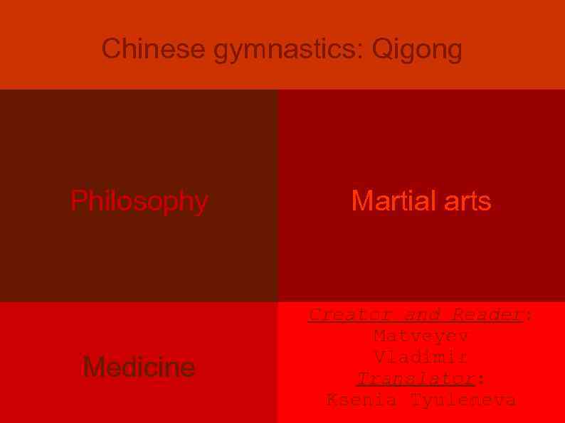 Chinese gymnastics: Qigong Philosophy Medicine Martial arts Creator and Reader: Matveyev Vladimir Translator: Ksenia