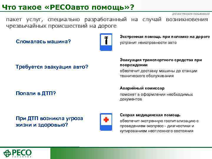 Что такое «РЕСОавто помощь» ? ДЛЯ ВНУТРЕННЕГО ПОЛЬЗОВАНИЯ пакет услуг, специально разработанный на случай