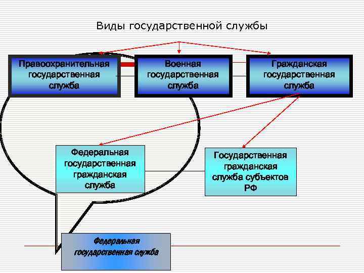 Виды государственной службы Правоохранительная государственная служба Военная государственная служба Федеральная государственная гражданская служба Федеральная