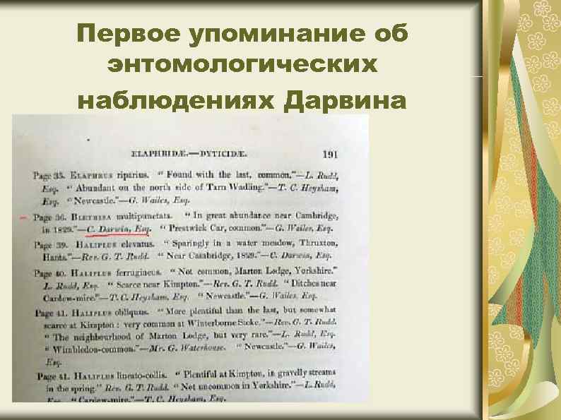 Первое упоминание об энтомологических наблюдениях Дарвина 
