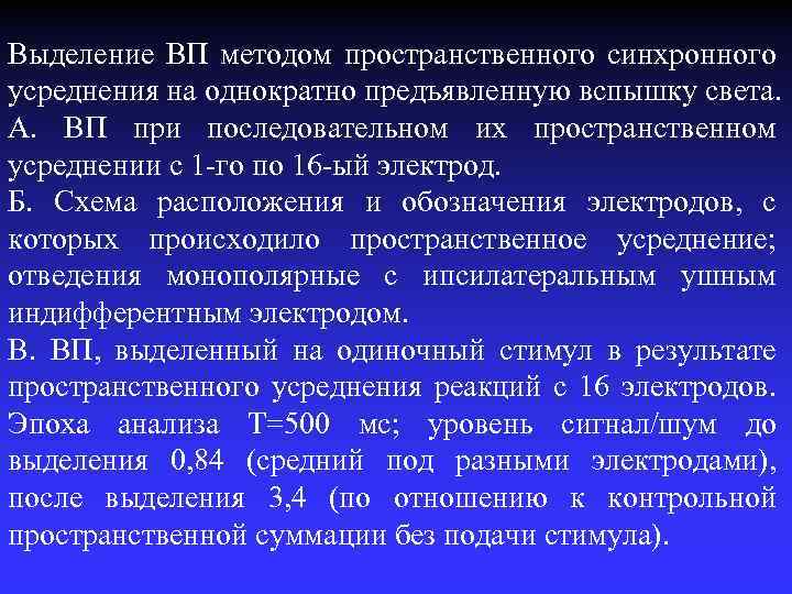 Выделение ВП методом пространственного синхронного усреднения на однократно предъявленную вспышку света. А. ВП при
