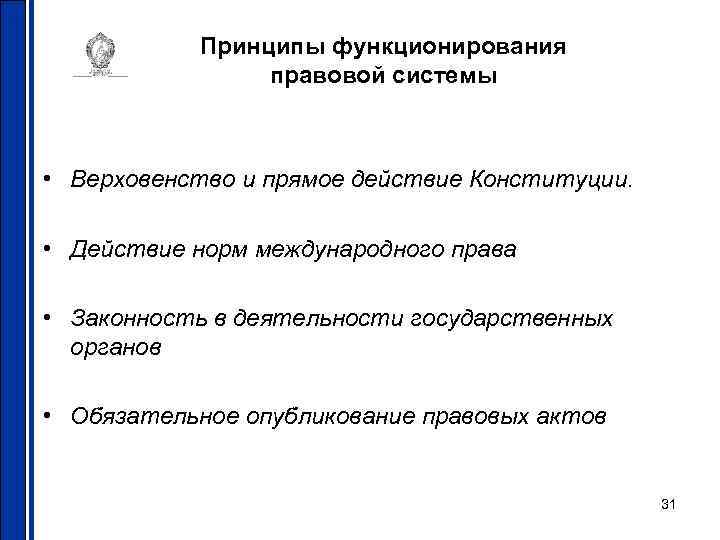 Принципы функционирования правовой системы • Верховенство и прямое действие Конституции. • Действие норм международного