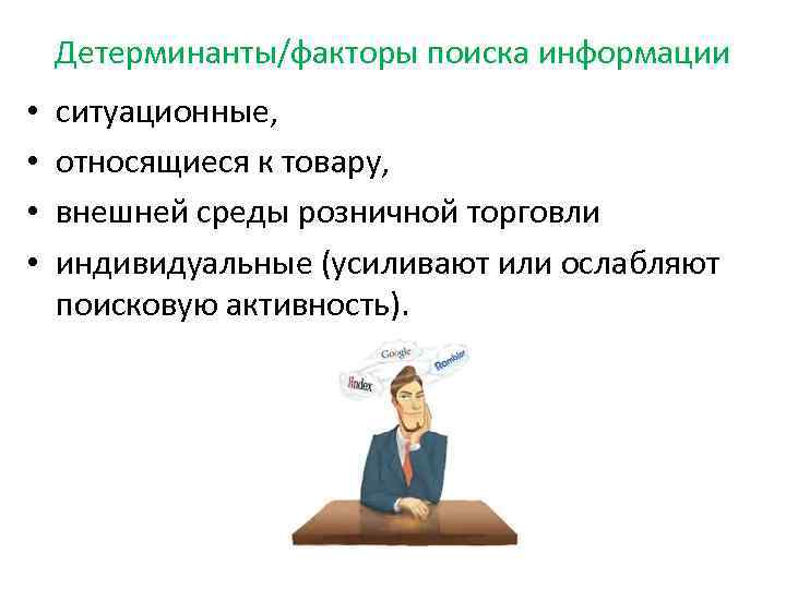 Детерминанты/факторы поиска информации • • ситуационные, относящиеся к товару, внешней среды розничной торговли индивидуальные