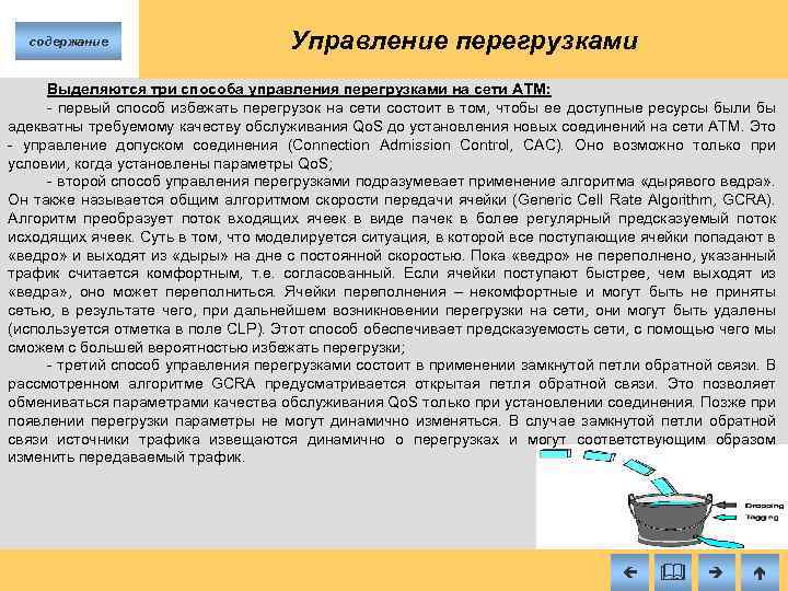 содержание Управление перегрузками Выделяются три способа управления перегрузками на сети ATM: первый способ избежать