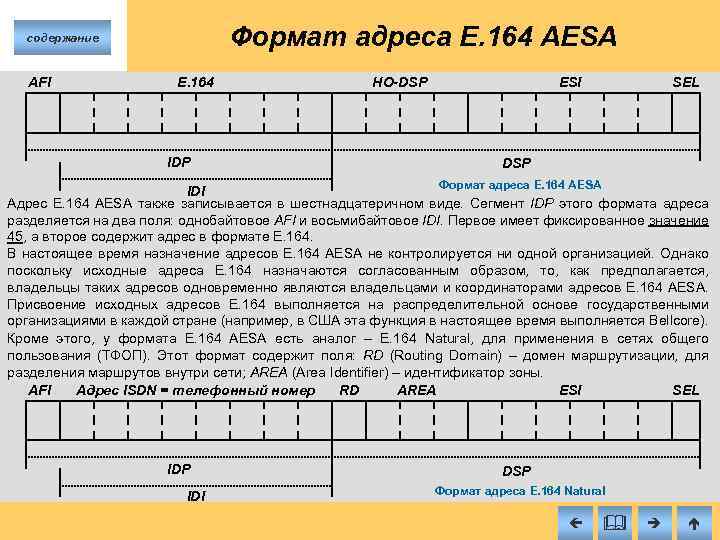 Формат адреса E. 164 AESA содержание AFI E. 164 IDP HO-DSP ESI SEL DSP