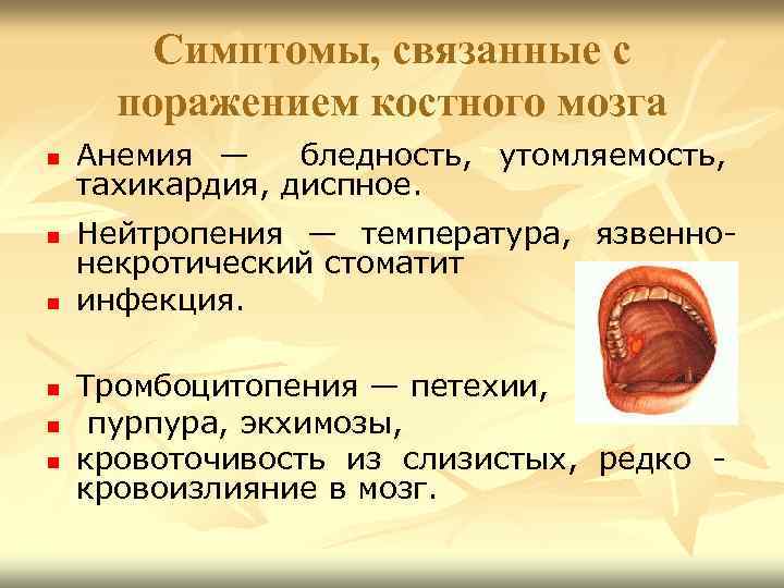 Симптомы, связанные с поражением костного мозга n n n Анемия — бледность, утомляемость, тахикардия,